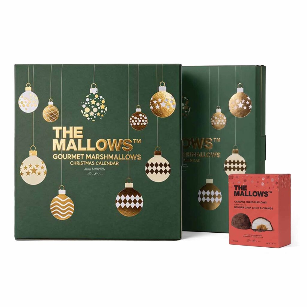 Julekalender 9 Mixed Christmas Calendar 2026 by Emma Bulow, Julekalender med fyldte og gourmet skumfiduser med chokolade, filled and gourmet marshamallows with chocolate early bird kit deal