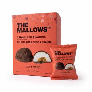 Forside 11 Dark Chocolate caramel filled mallows mørk chokolade orange appelsin skumfiduser gourmet marshmallows box The Mallows