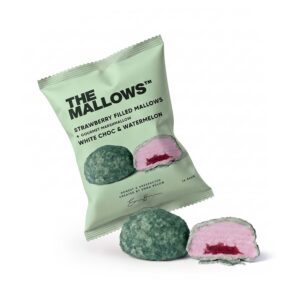 Strawberry Filled Marshmallows White Chocolate & Watermelon — enkeltpakket flowpack med jordbærfyldte skumfiduser og hvid belgisk chokolade | The Mallows Emma Bülow