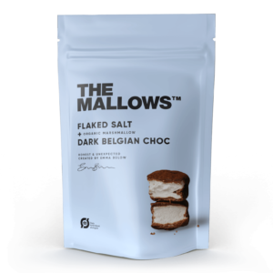 The Mallows-Økologiske-skumfiduser- Flaked Salt stor med mørk chokolade og maldonsalt i large fra Emma Bülow