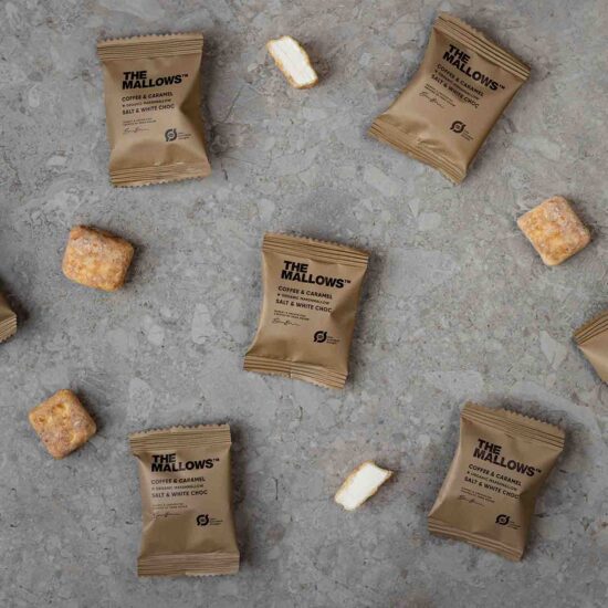 The Mallows enkeltpakkede Flowpacks Økologiske skumfiduser Coffee Caramel hvid chokolade, karamel kaffe mocca enkeltpakket gourmet flowpacks organic marshmallows fra Emma Bülow dansk slik for voksne