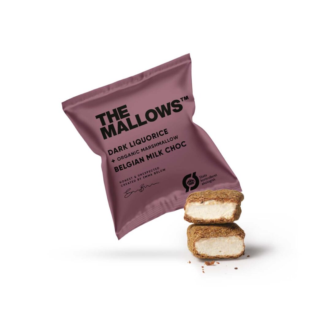 The Mallows Flowpacks Økologiske skumfiduser Dark Liqourice mælkechokolade og Lakrids, lakridsgranulat enkeltpakkede firmaslik organic marshmallows belgisk chokolade Emma Bülow