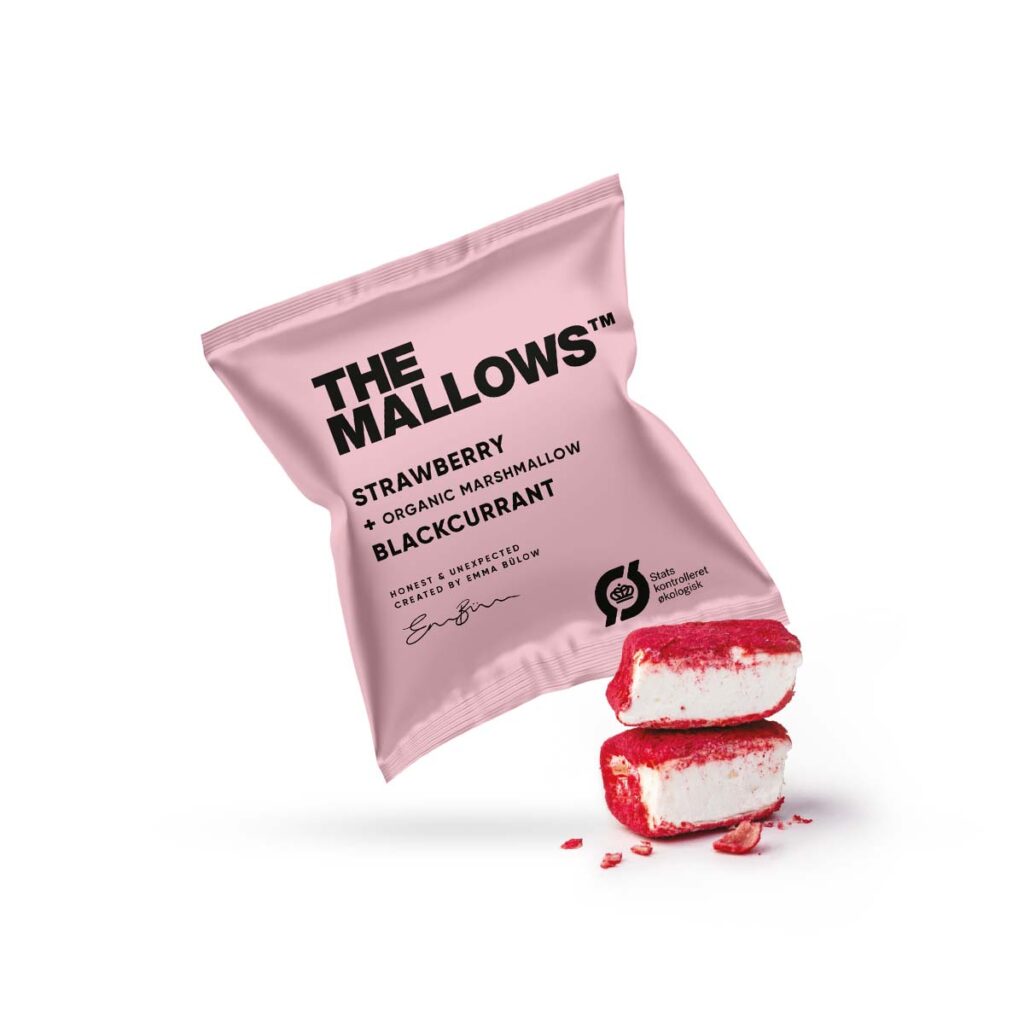The Mallows Flowpacks Økologiske skumfiduser-strayberry & blackcurrant, med jordbær og solbær smag organic marshmallows enkeltpakket flowpack fra Emma Bülow