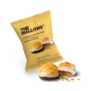 Caramel Filled Marshmallows Crunchy Toffee — enkeltpakket flowpack med karamelfyldte skumfiduser, chokolade og karamel toffee | The Mallows Emma Bülow