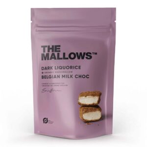 The Mallows Økologiske gourmet skumfiduser Dark Liqourice large mælkechokolade og Lakrids, lakridsgranulat fra Emma Bülow