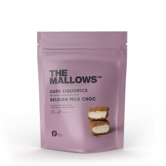 The Mallows Økologiske gourmet skumfiduser Dark Liqourice small mælkechokolade og Lakrids, lakridsgranulat fra Emma Bülow