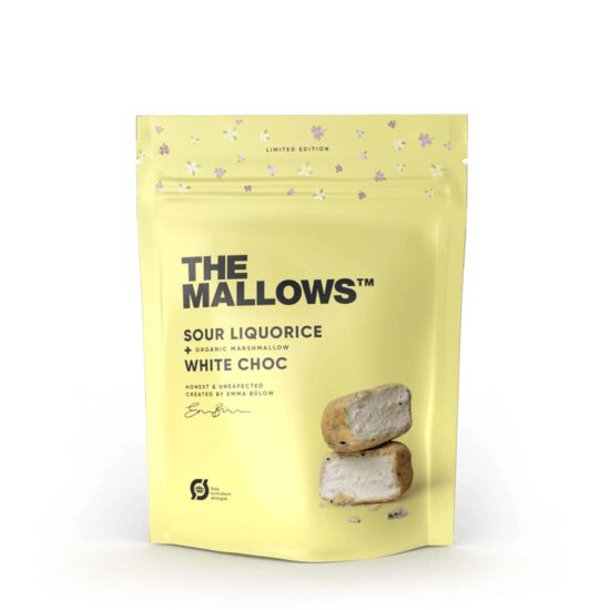 The Mallows Økologiske skumfiduser-Sour Liquorice hvid chokolade, lakrids og æblesyrer marshmallows fra Emma Bülow
