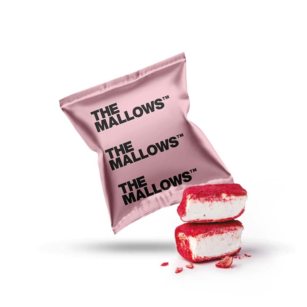 The Mallows Flowpacks Økologiske skumfiduser-strayberry & blackcurrant, med jordbær og solbær smag organic marshmallows enkeltpakket fra Emma Bülow