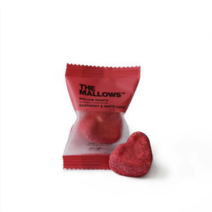 The Mallows Love Hearts hjerteformede flowpacks gourmet skumfiduser Classic Raspberry med hvid chokolade og hindbær fra Emma Bülow