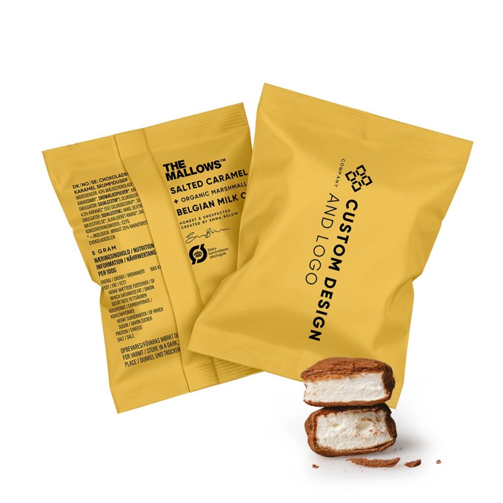 Private label Flowpack custom logo and design salted caramel chokolade organic økologiske marshmallows