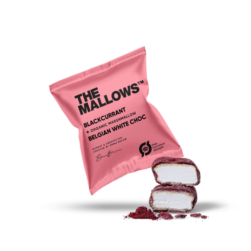 The Mallows Økologiske skumfiduser blackcurrant solbær med hvid belgisk chokolade enkeltpakket belgian chocolate firmaslik flowpacks organic marshmallows Emma Bülow