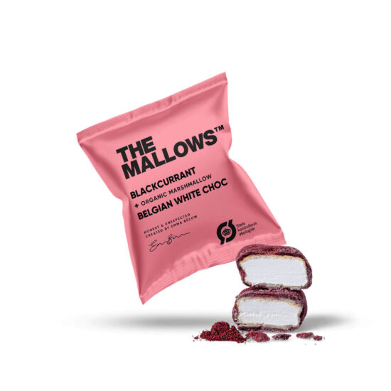 The Mallows Økologiske skumfiduser blackcurrant solbær med hvid belgisk chokolade enkeltpakket belgian chocolate firmaslik flowpacks organic marshmallows Emma Bülow