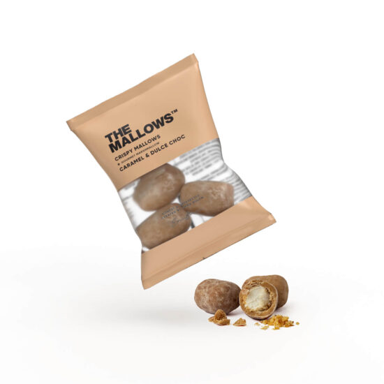 The Mallows Crispy Mallows Caramel & Dulce Chocolate flowpacks enkeltpakkede slik dansk produceret for voksne marshmallows skumfiduser knasende