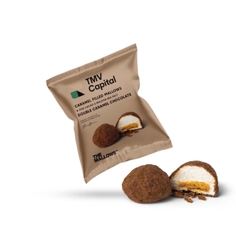 Private label Flowpack custom logo and design salted caramel karamel fyldte skumfiduser med belgisk chokolade caramel filled marshmallows with belgian chocolate
