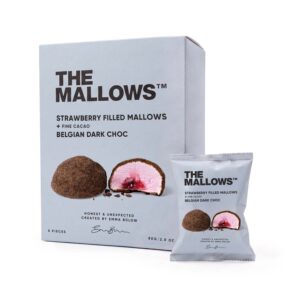 Strawberry Filled Mallows Box Dark Chocolate + Fine Cacao Mallows Jordbærfyldte skumfiduser mørk chokolade kakaopulver Marshmallows Emma Bülow Denmark
