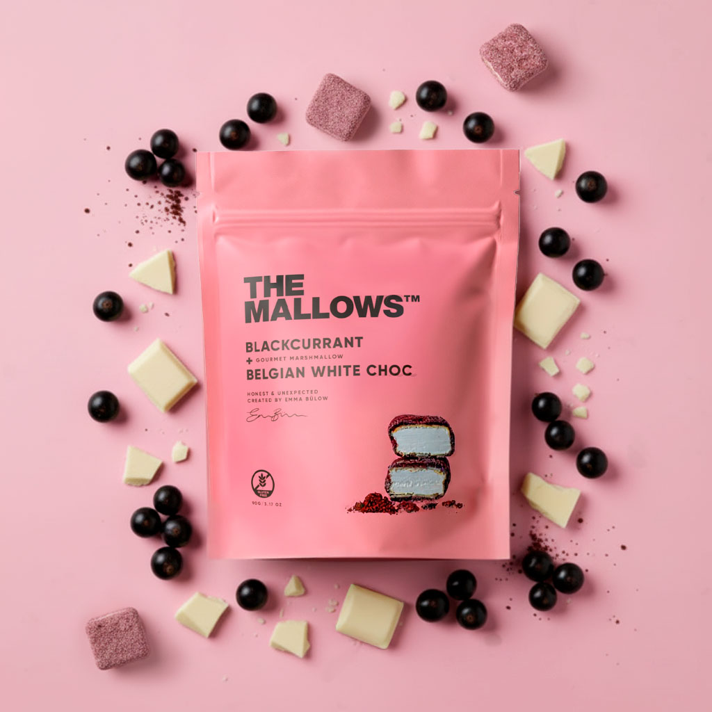 The Mallows skumfiduser blackcurrant solbær med hvid belgisk chokolade enkeltpakket belgian white chocolate firmaslik flowpacks gourmet marshmallows Emma Bülow companygift