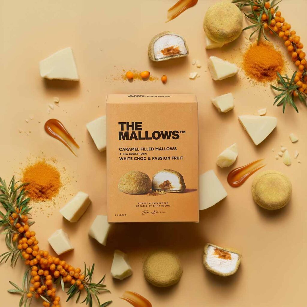 Caramel Filled Mallows Passion and Seabuckthorn White Choc table