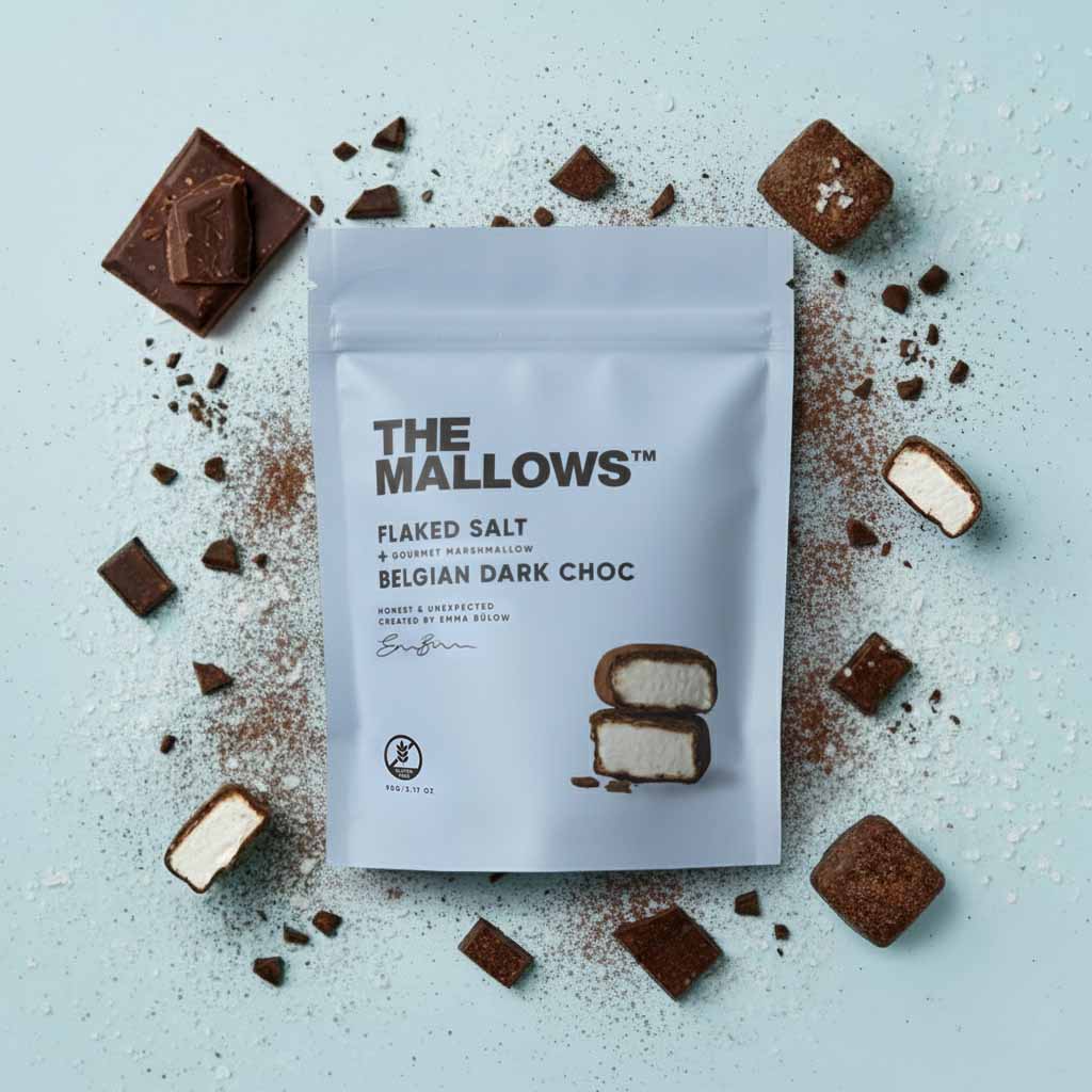 The Mallowsgourmet skumfiduser Flaked Salt med mørkchokolade og maldonsalt marshmallows dark chocolate & maldon sea salt fra Emma Bülow