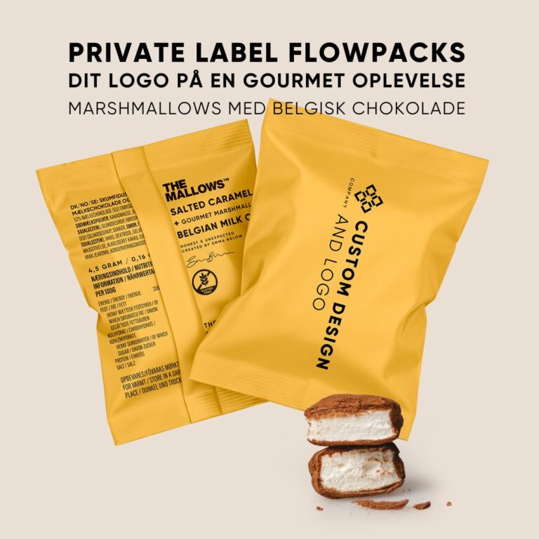 Private label Flowpack custom logo and design salted caramel chokolade chocolate marshmallows gourmet skumfiduser eget logo premium emma bülow lakrids
