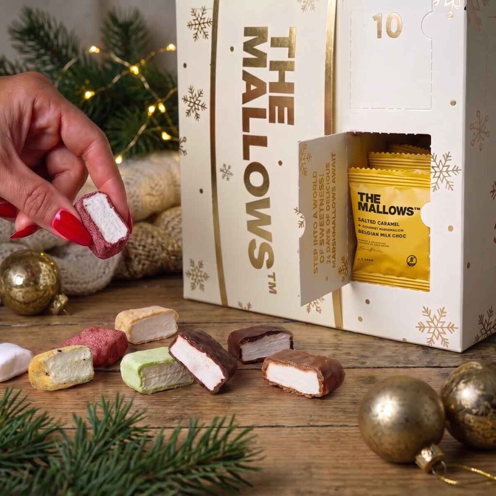 The mallows classic gourmet julekalender 2026 flowpacks skumfiduser med belgisk chokolade marshmallows christmas calendar børn og voksne
