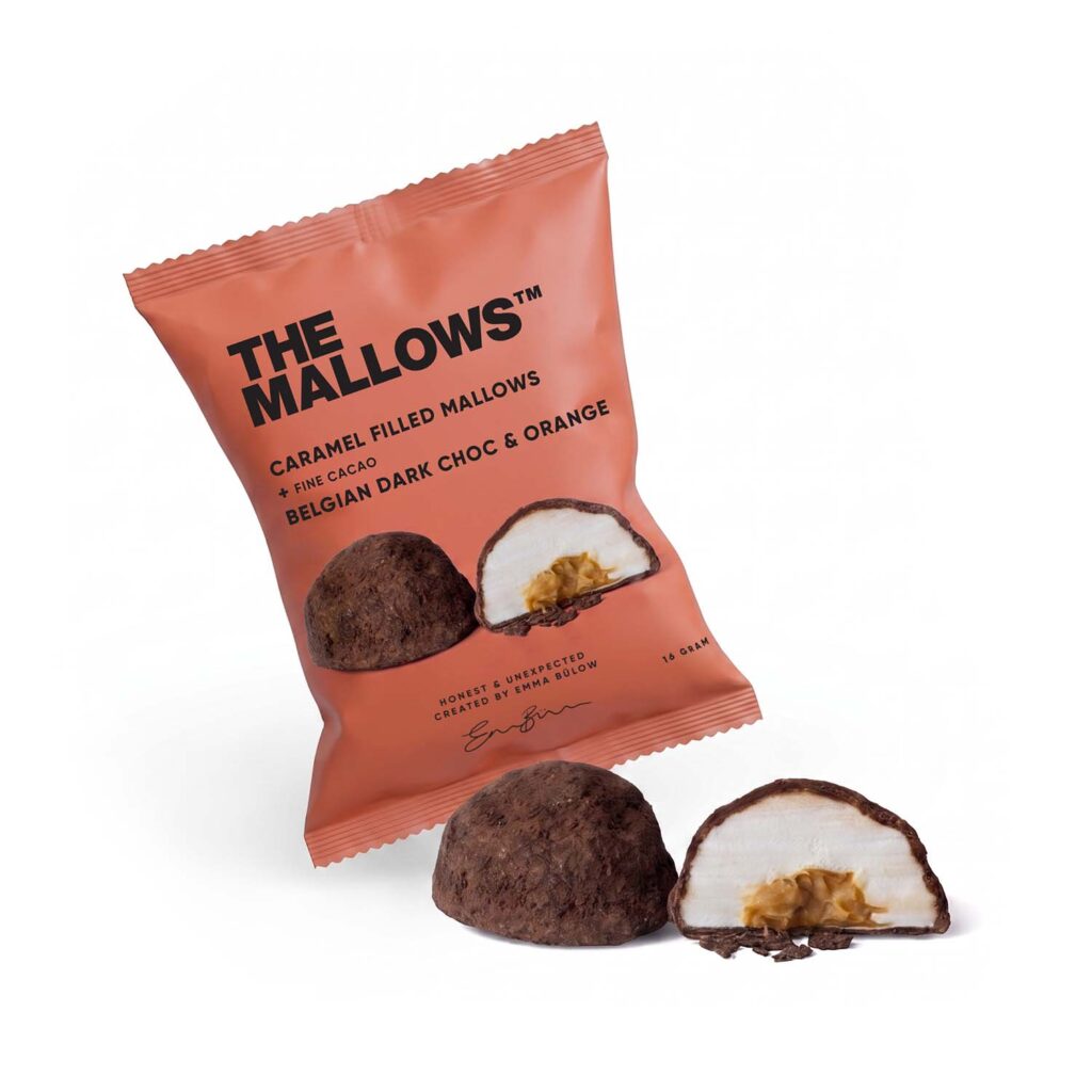 Flowpacks 27 Caramel Filled Marshmallows Dark Chocolate & Orange — enkeltpakket flowpack med karamelfyldte skumfiduser, mørk belgisk chokolade og appelsin | The Mallows