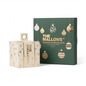 The Mallows Classic Gourmet Julekalender 2026 med flowpacks og skumfiduser overtrukket med belgisk chokolade – Mixed Caramel Filled med karamelfyld, klassiske marshmallows og chocolate coated mallows til børn og voksne, mænd og kvinder